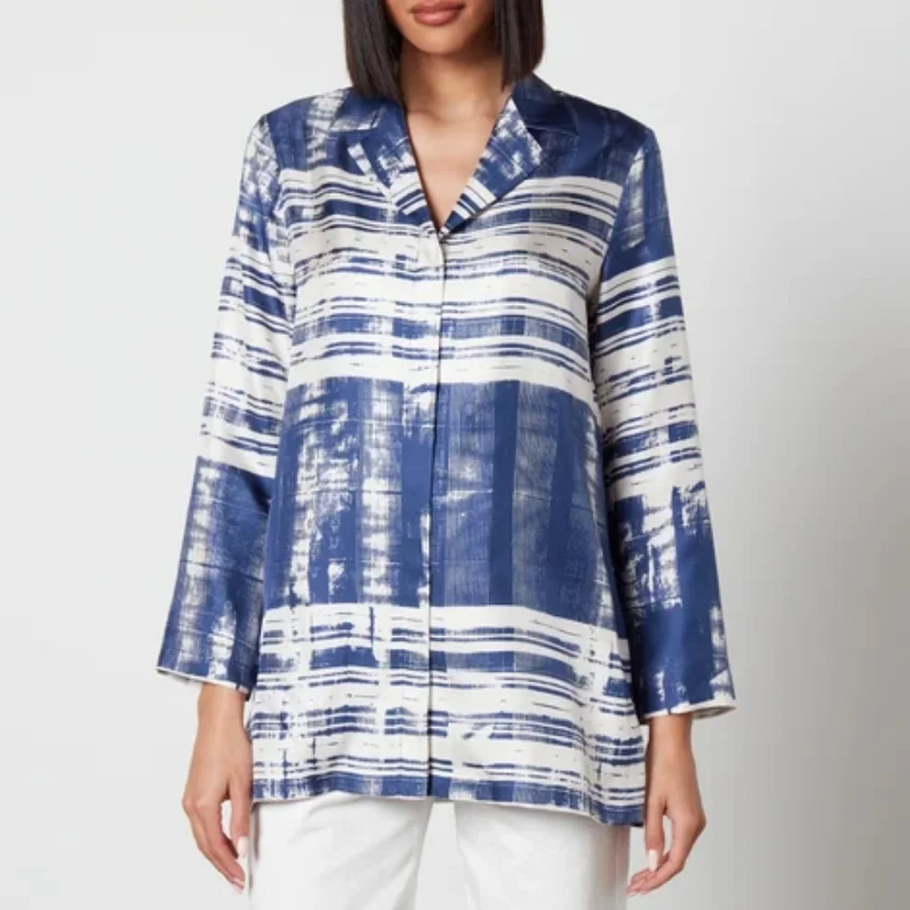 Max Mara Studio Franca Printed 100% Silk Shirt  Blouse Abstract Striped Size 10 - Picture 13 of 16